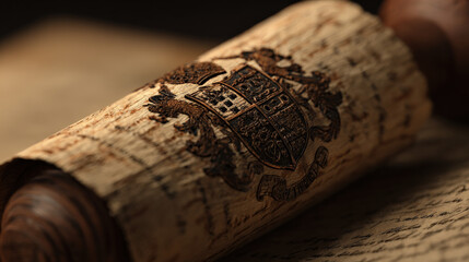 close-up of embossed coat of arms on heavy certificate parchment tactile fiber detail isolated illustration concept scene visual for commercial design use high detail quality stock image illustration 