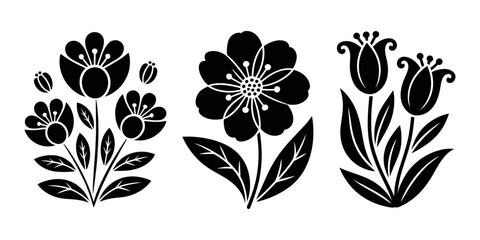 Vector Flower Silhouettes Set – Black Floral Shapes Isolated on White Background – Botanical Design Elements for Nature, Decoration, and Graphic Art Projects