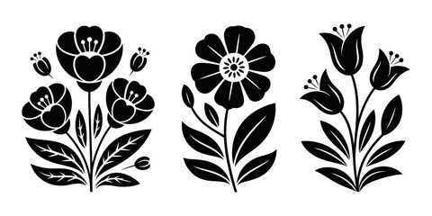 Vector Flower Silhouettes Set – Black Floral Shapes Isolated on White Background – Botanical Design Elements for Nature, Decoration, and Graphic Art Projects