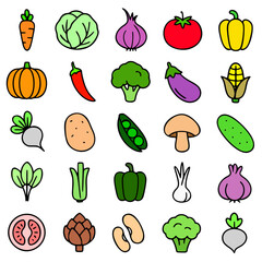Icon pack, icon sheet, vegetable theme, outline and colored version, transparent background PNG