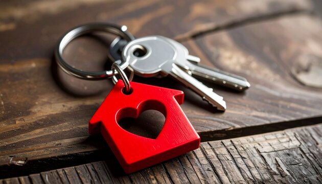 House-shaped keychain with keys on wood