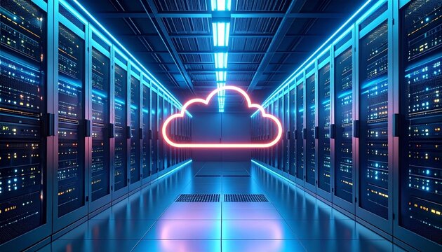Futuristic server room with neon cloud icon