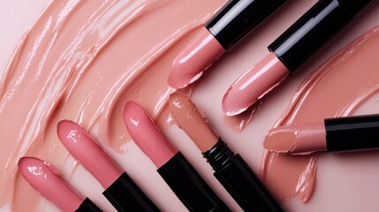 Beige nude tone lipstick make up isolated on a studio background,natural Liquid lipsticks,makeup cosmetic lips, product mockup for beauty fashion business,sale,swatch color,template.