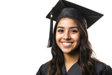 Young Hispanic female graduate wearing a black cap and gown with a bright smile celebrating academic achievement at a graduation event