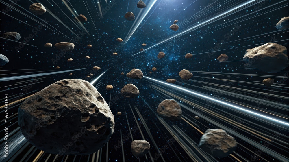 Poster asteroid belt expedition a dynamic scene of asteroids racing through space with streaks of light.