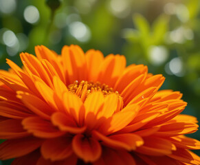 Fototapeta premium Vibrant orange calendula flower blooming gracefully in a sun-drenched garden, showcasing intricate petals and natural beauty with a soft, blurred green background