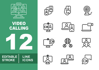 Video Calling line icon set. Exclusive Video Calling line icon collection. Containing mobile, smartphone, webcam, monitor, laptop, globe, people, computer, call, message. Editable stroke