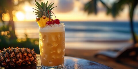 cold tropical pineapple cocktail with ice, cherries, and fruit garnish on table at sunset beach setting