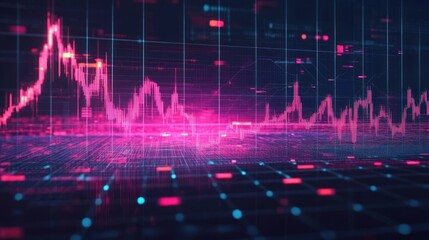 Glowing vibrant pink and blue futuristic digital data visualization with fluctuating line graph and grid representing dynamic information flow