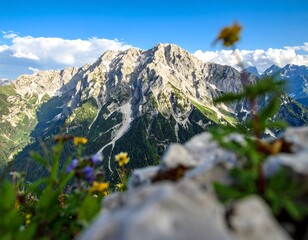 Majestic Mountain Peak with Wildflowers in Foreground.