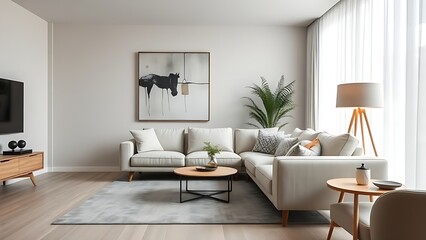 Fototapeta premium Scandinavian-inspired living space with neutral tones and abstract art, radiating modern comfort.