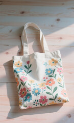 Cheerful canvas tote with a multi-colored floral pattern, a perfect eco-friendly fashion accessory for shopping or daily errands, against a rustic wood background