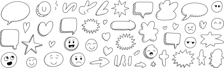 Hand drawn doodle speech bubbles, comic style arrows, sketch hearts, cartoon stars, cute emoji faces, creative design elements