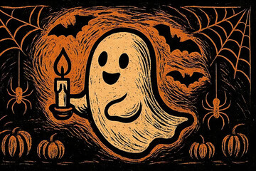 ロウソクを持ったお化け、コウモリ、蜘蛛の巣、カボチャなどを描いたハロウィンのレトロ風のイラスト。オレンジと黒を基調にしたヴィンテージスタイルで、ポスター、カード、背景、SNS投稿に最適なイラスト素材。 © s