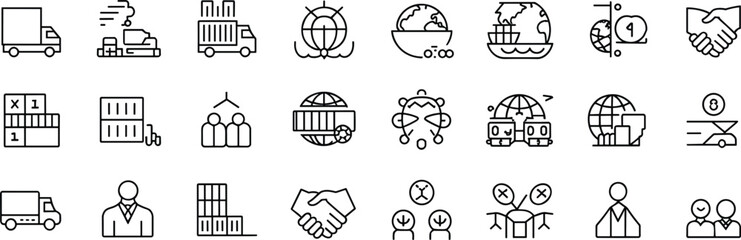 Logistics icons, supply chain, shipping, delivery, cargo, transportation, warehouse, distribution, global trade, export, import, freight, business