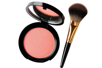Makeup brush and blush compact ready for application in a beauty routine at home, enhancing natural features with soft colors and precise tools for a flawless look