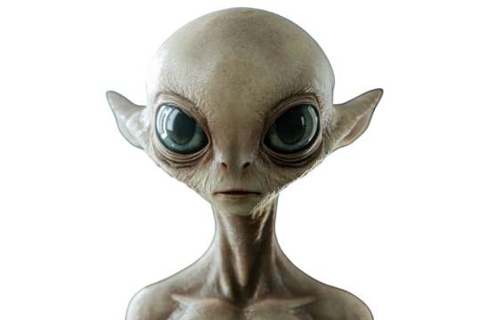 Full body portrait of an alien with large eyes captured in a realistic style against a dark background showcasing its unique features and otherworldly presence