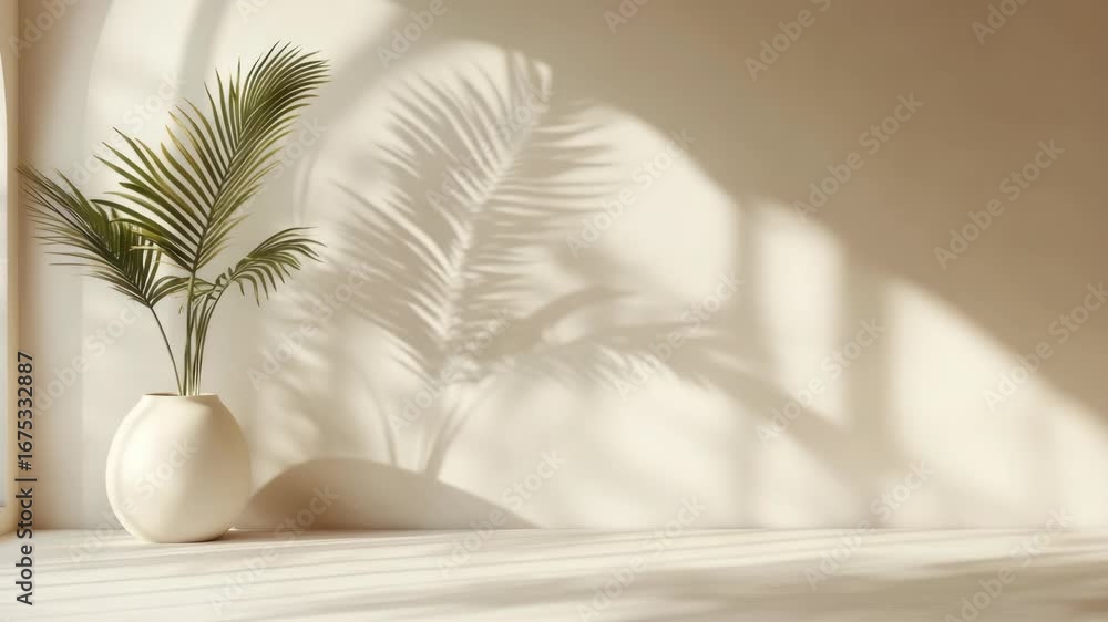 Poster minimalist video concept with a low-angle view of a potted palm casting shadows on a sunlit wall, cr