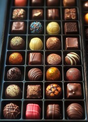Assorted gourmet chocolates in a black box tray with various shapes, colors, and decorative toppings, evoking indulgence and luxury