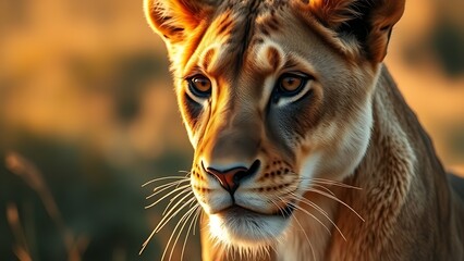 Fototapeta premium Lioness with a focused gaze, bathed in golden savanna light, showcasing natural beauty and strength.