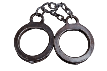 Handcuffs isolated on white background showcasing their metallic design and connecting chain detail for law enforcement or security-related themes