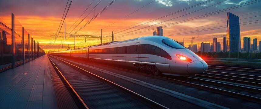 Modern high-speed train traveling on railway tracks during vibrant sunset with city skyline in the background