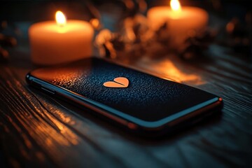Smartphone displaying a glowing heart icon on a textured surface with two lit candles in the background creating a warm and cozy atmosphere