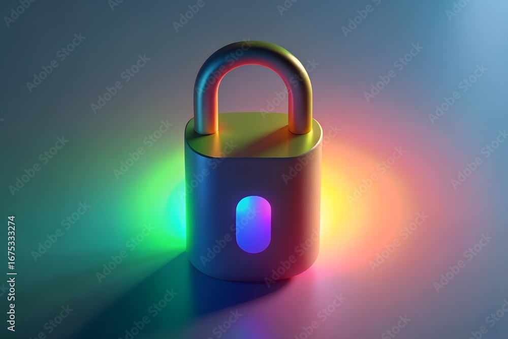 Poster padlock with colorful light symbolizing data protection on transparent background