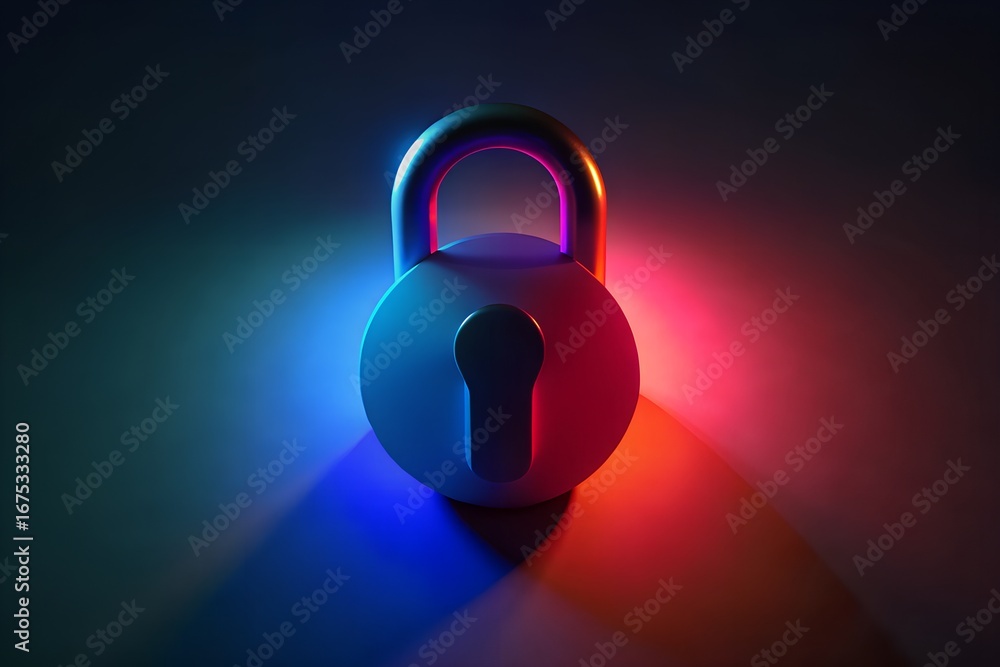 Poster padlock illuminated with blue and red light security on transparent background