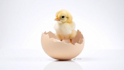 Yellow chick in broken eggshell
