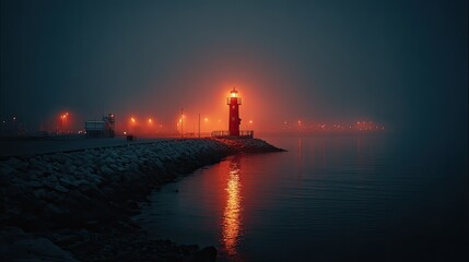 Obraz premium Misty harbor at night, illuminated lighthouse