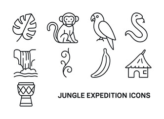 Fototapeta premium Jungle expedition icons: monkey, parrot, snake, waterfall, hut, drum, and nature symbols