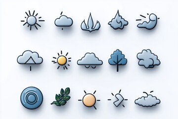 Set of colorful, stylized weather and nature icons including sun, cloud, rain, fire, tree, and leaves on a white background