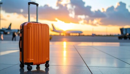 Bright orange suitcase on tiled airport floor at sunset, airplanes in background, travel departure mood
