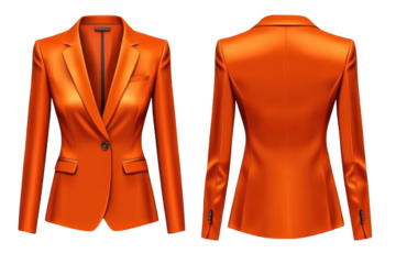 Fashionable orange blazer design viewed from front and side, showcasing modern tailoring and vibrant color perfect for both work and casual settings