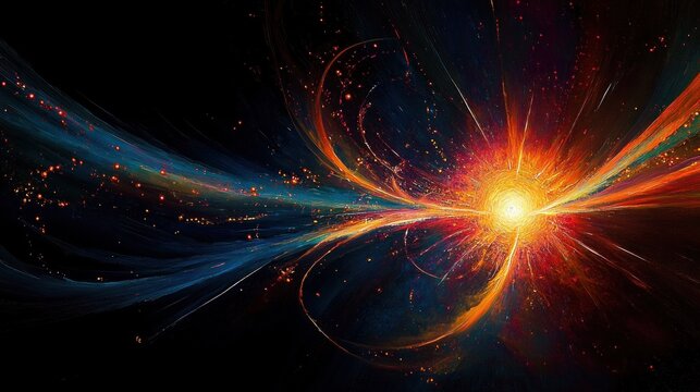 Bright cosmic explosion or starburst with swirling fiery orange, red, and yellow light beams radiating outward into deep space against a dark blue and black background with scattered glowing particles