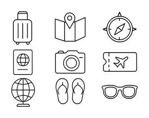 Travel essentials: suitcase, map, compass, passport, camera, ticket, globe, flip-flops, sunglasses