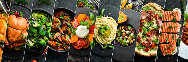 Collage of different assortment of meat, fish and vegetable dishes. Ready-made restaurant dishes....