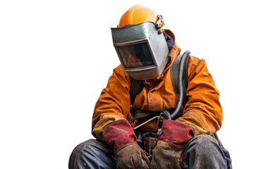 Welder engaged in metalwork task, focused on precision and safety in a controlled environment, equipped with protective gear and welding equipment
