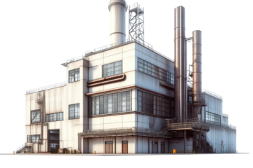 Modern architecture of a large white factory building with industrial elements and towering smokestacks for manufacturing and production