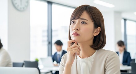 Obraz premium 仕事中に物忘れをして思い出す日本人女性社員
