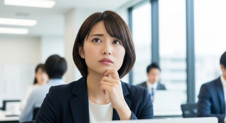 仕事中に物忘れをして思い出す日本人女性社員