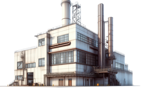 Modern architecture of a large white factory building with industrial elements and towering smokestacks for manufacturing and production