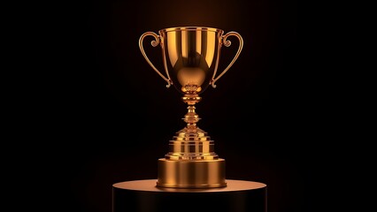 Golden trophy cup on a pedestal illuminated by a warm spotlight against a dark background.