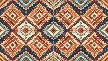 Southwestern diamond textile pattern with orange, blue, and beige symmetry.