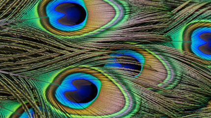 Fototapeta premium Peacock Feather Close-up - Iridescent Blues, Greens, and Browns in Intricate Detail