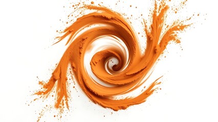 Swirling cinnamon powder vortex on white backdrop, frozen in motion with warm tonal contrast.