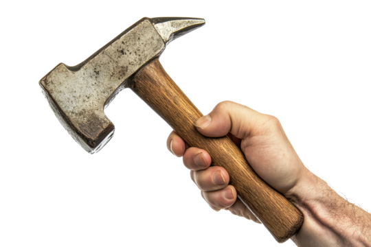 Hand gripping a claw hammer ready for carpentry work in a well-lit environment showcasing craftsmanship skills and essential tools