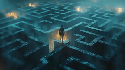 A solitary figure stands at the edge of a glowing pathway within a dark, mist-covered maze, evoking feelings of contemplation and uncertainty
