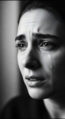 Fototapeta premium A poignant black and white close-up portrait of a woman's face in anguish, with a single tear rolling down her cheek.